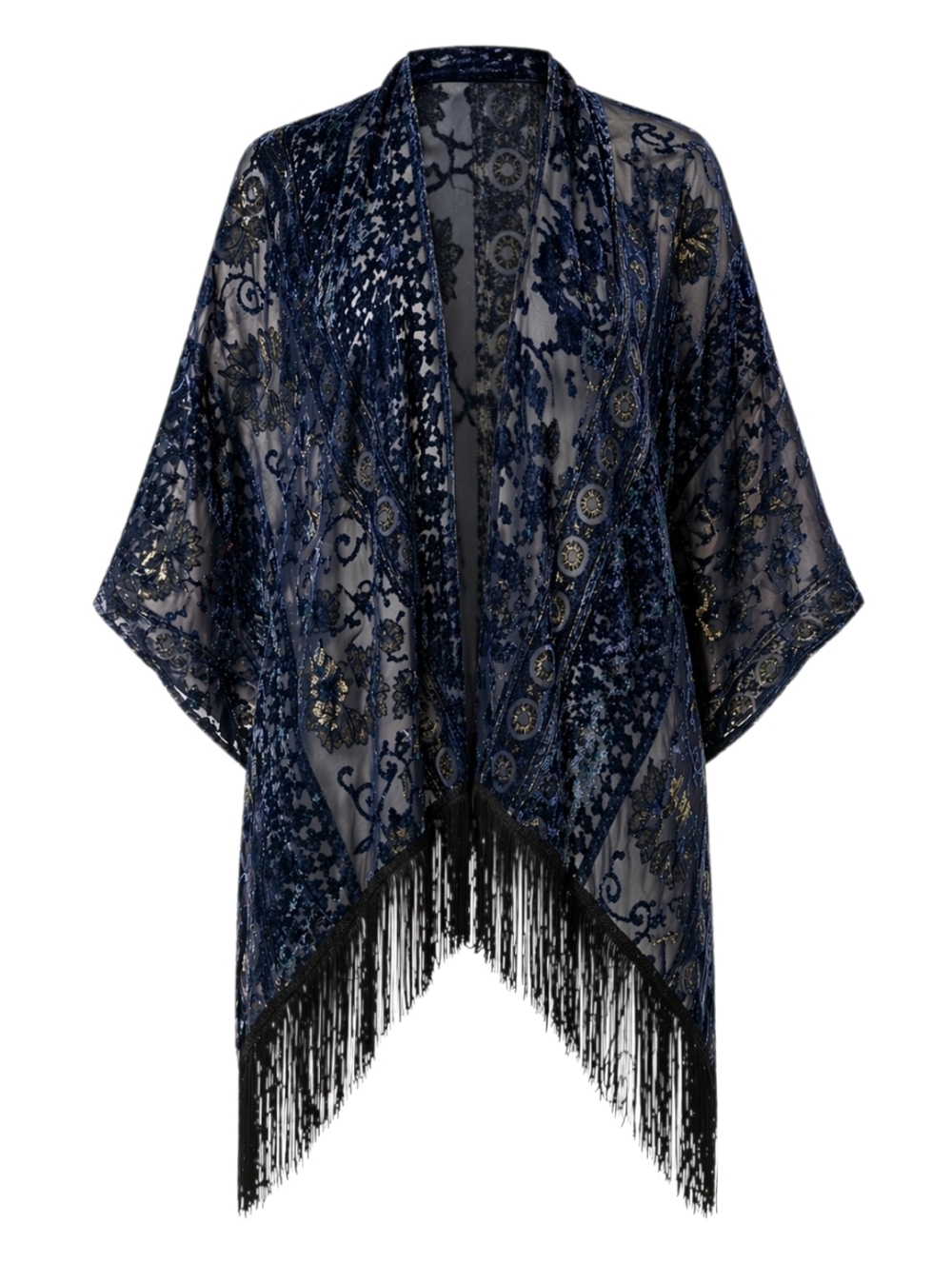 Vintage Burnout Velvet Kimono Cardigan Blue Black Fringe Sheer